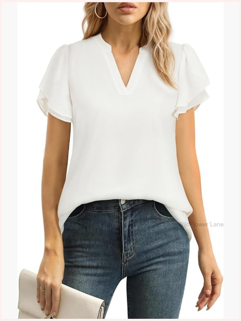 Women's V Neck Blouse Petal Ruffle Short Sleeve Chiffon Tunic Dressy Casual
